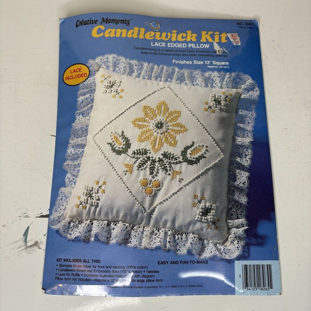Creative Moments Candlewick Kit Lace Edged Pillow Yellow Daisy No. 8265 13" Sq